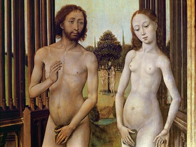 Adam und Eva werden aus dem Garten Eden vertrieben, nachdem sie von der Schlange verführt wurden, den Apfel zu essen, ca. 1460 (Detail) von Vrancke van der Stockt